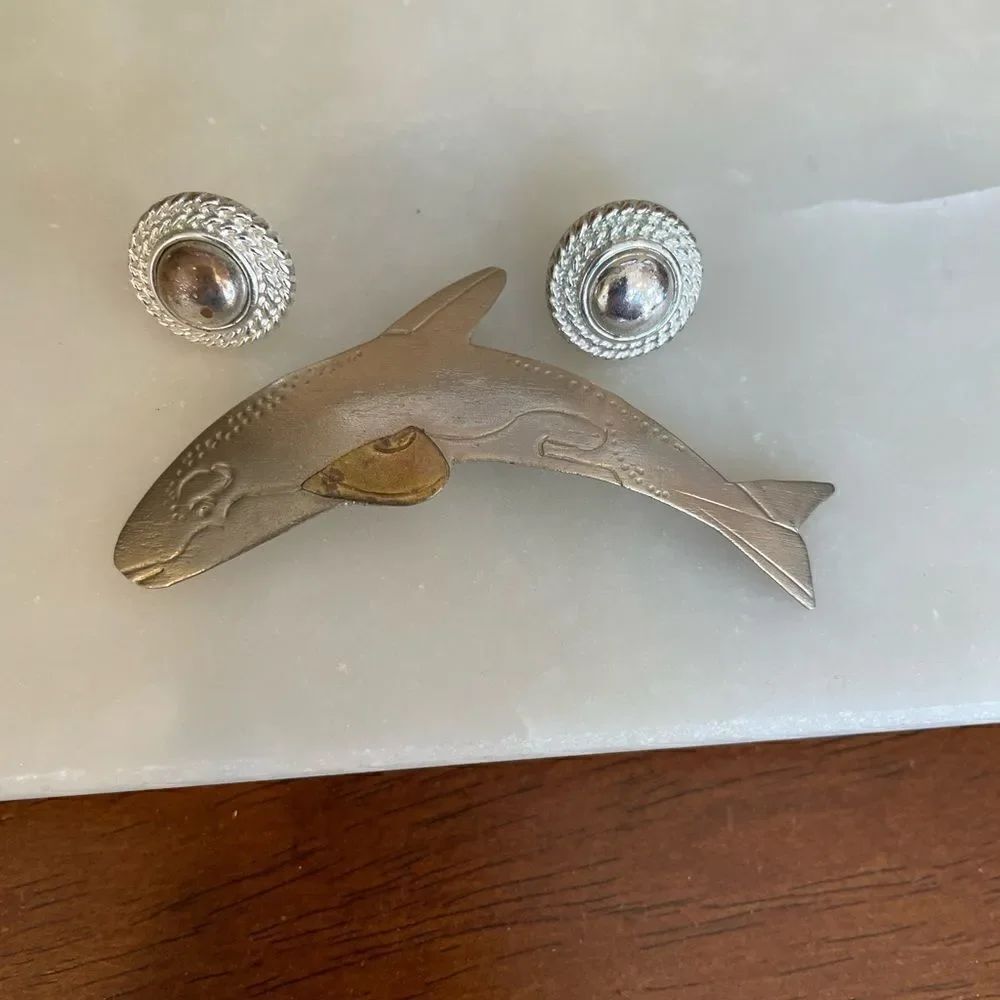 Silver Whale Brooch and Silver tone Earrings